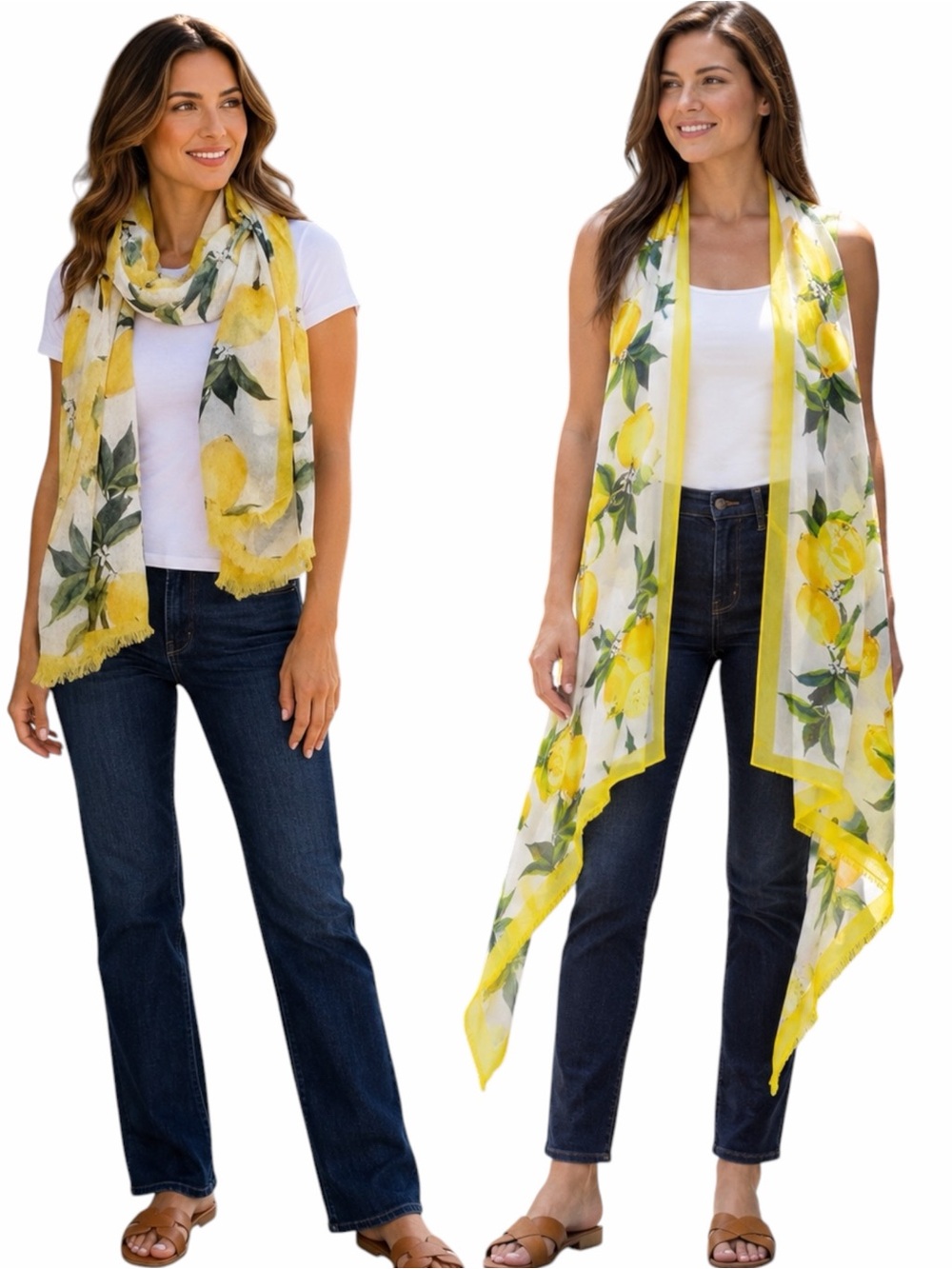 New Yellow Lemon Frayed Edge Sleeveless Vest Kimono Fit Dual Function Scarf OS